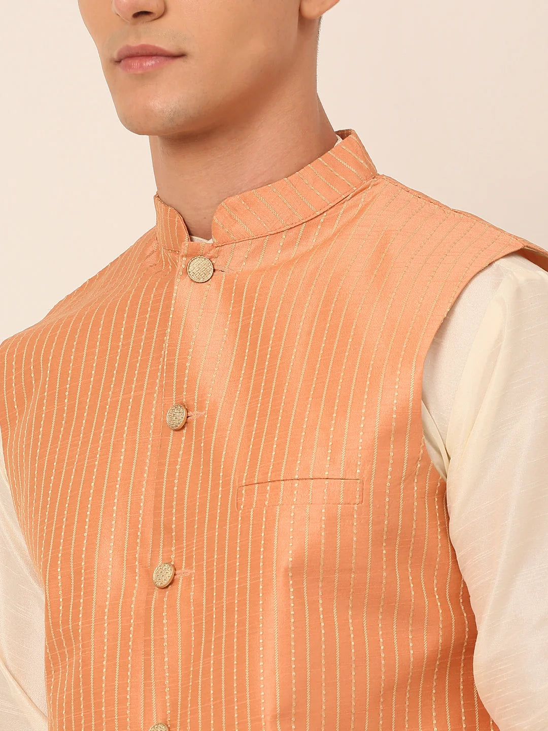 Peach Mens Kurta Pajama with Striped Nehru Jacket - Cotton Set