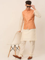 Men's Solid Kurta Pyjama With Striped Embroidered Nehru Jacket ( JOKPWC W-D 4043Peach )-JOKPWC-W-D-4043