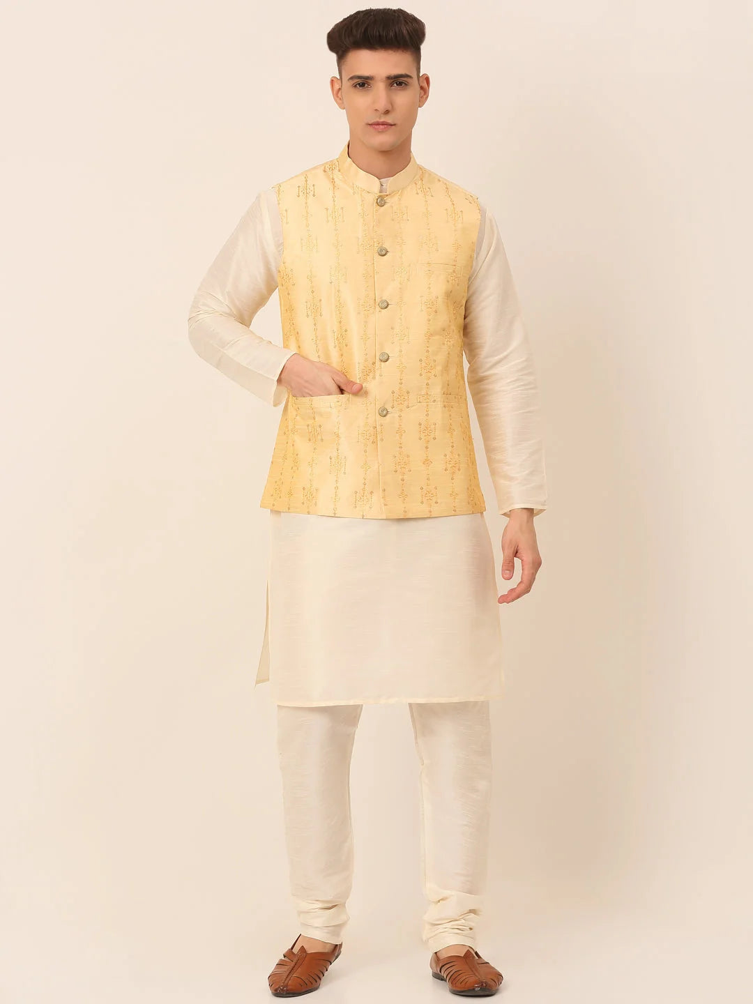 Golden Silk Kurta Pajama Set with Embroidered Nehru Jacket