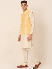 Men's Solid Dupion Silk Kurta Pyjama With Embroidered Nehru Jacket ( JOKPWC W-D 4044Golden )-JOKPWC-W-D-4044