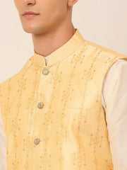 Men's Solid Dupion Silk Kurta Pyjama With Embroidered Nehru Jacket ( JOKPWC W-D 4044Golden )-JOKPWC-W-D-4044