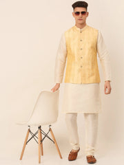 Men's Solid Dupion Silk Kurta Pyjama With Embroidered Nehru Jacket ( JOKPWC W-D 4044Golden )-JOKPWC-W-D-4044