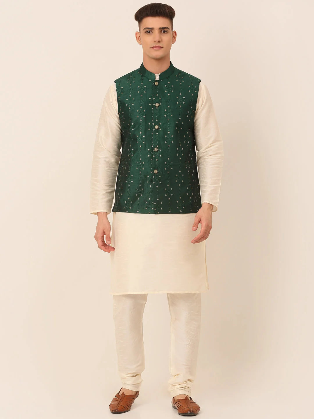 Green Silk Kurta Pajama Set with Embroidered Nehru Jacket