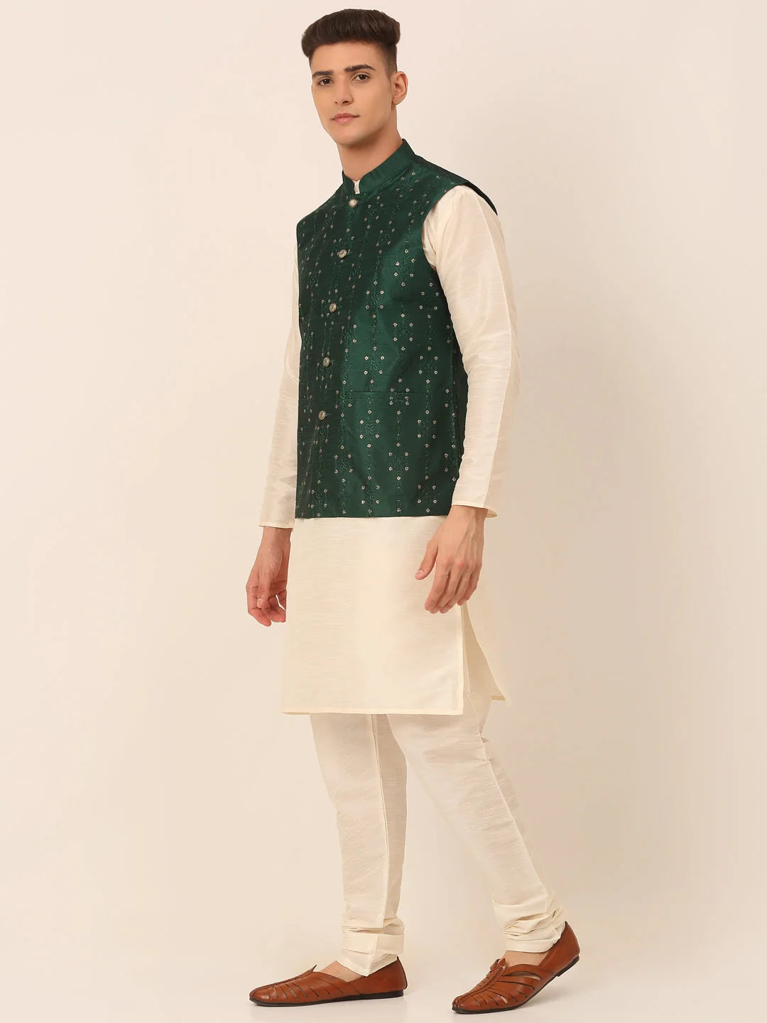 Green Silk Kurta Pajama Set with Embroidered Nehru Jacket