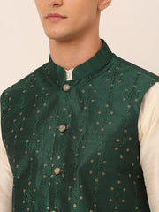Men's Solid Dupion Silk Kurta Pyjama With Embroidered Nehru Jacket ( JOKPWC W-D 4044Green )-JOKPWC-W-D-4044