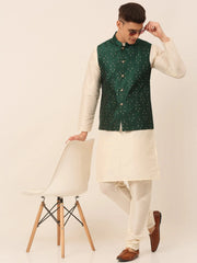 Men's Solid Dupion Silk Kurta Pyjama With Embroidered Nehru Jacket ( JOKPWC W-D 4044Green )-JOKPWC-W-D-4044