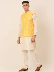 Men's Solid Dupion Silk Kurta Pyjama With Embroidered Nehru Jacket ( JOKPWC W-D 4044Yellow )-JOKPWC-W-D-4044