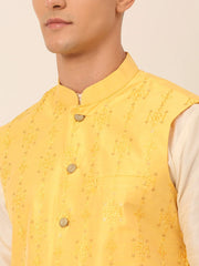 Men's Solid Dupion Silk Kurta Pyjama With Embroidered Nehru Jacket ( JOKPWC W-D 4044Yellow )-JOKPWC-W-D-4044