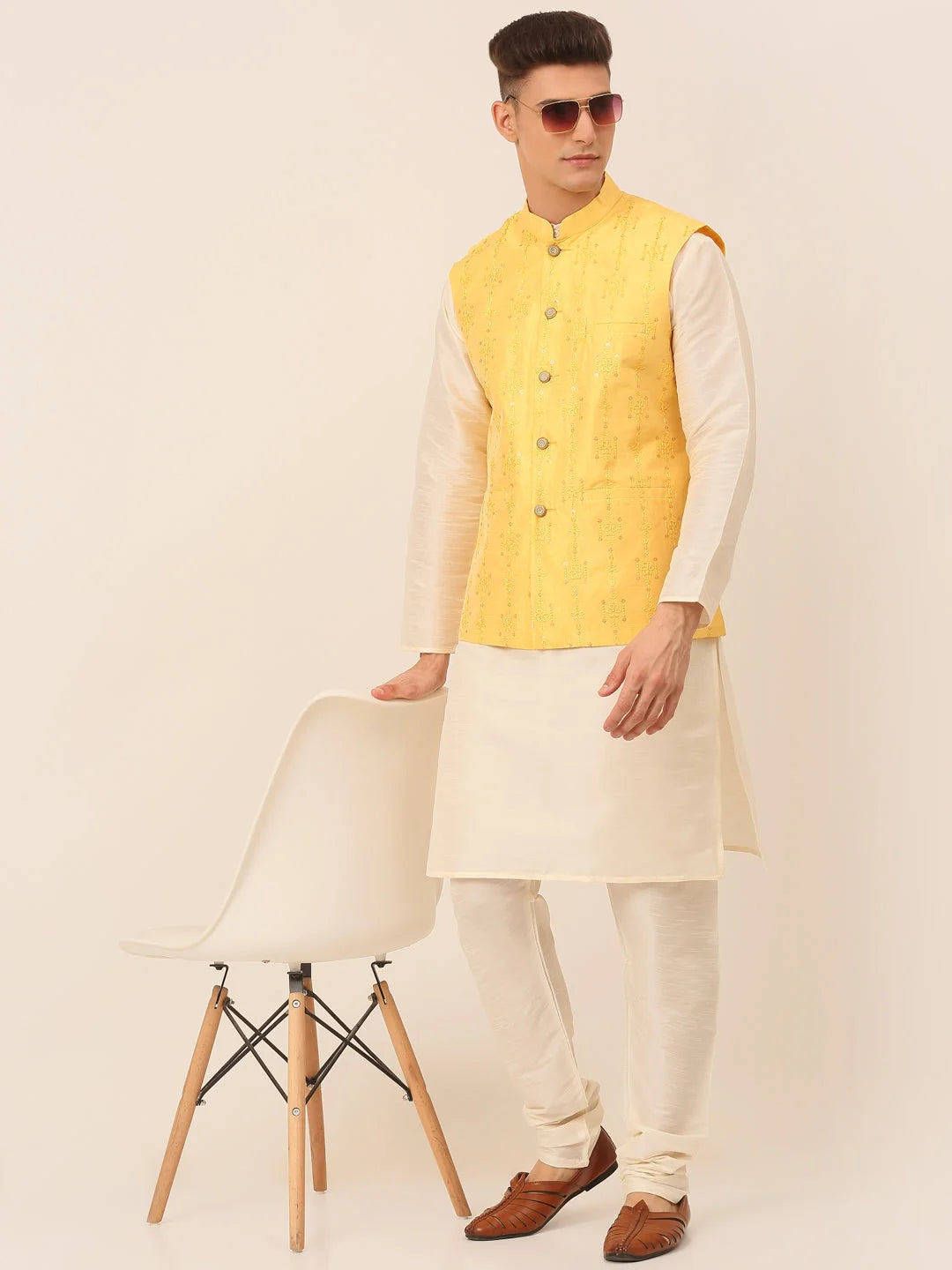 Mens Kurta Pajama Set - Yellow Dupion Silk with Nehru Jacket