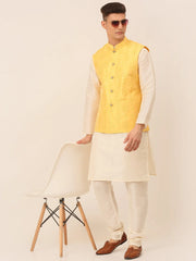 Men's Solid Dupion Silk Kurta Pyjama With Embroidered Nehru Jacket ( JOKPWC W-D 4044Yellow )-JOKPWC-W-D-4044