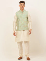 Men's Solid Kurta Pyjama With Nehru Jacket ( JOKPWC W-D 4047Green )-JOKPWC-W-D-4047
