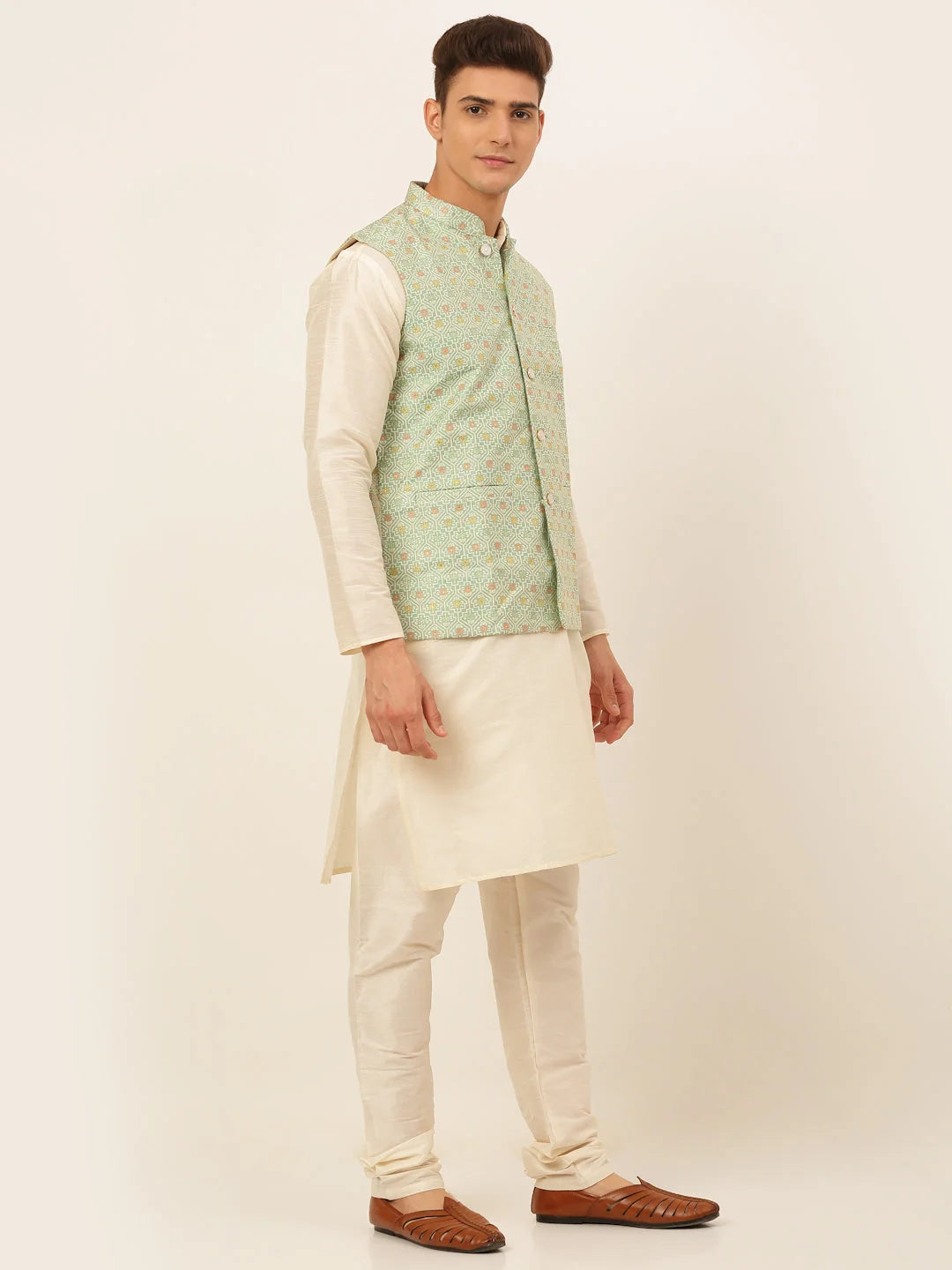 Green Men's Kurta Pajama Set with Nehru Jacket | Cotton