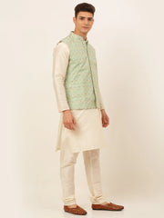 Men's Solid Kurta Pyjama With Nehru Jacket ( JOKPWC W-D 4047Green )-JOKPWC-W-D-4047