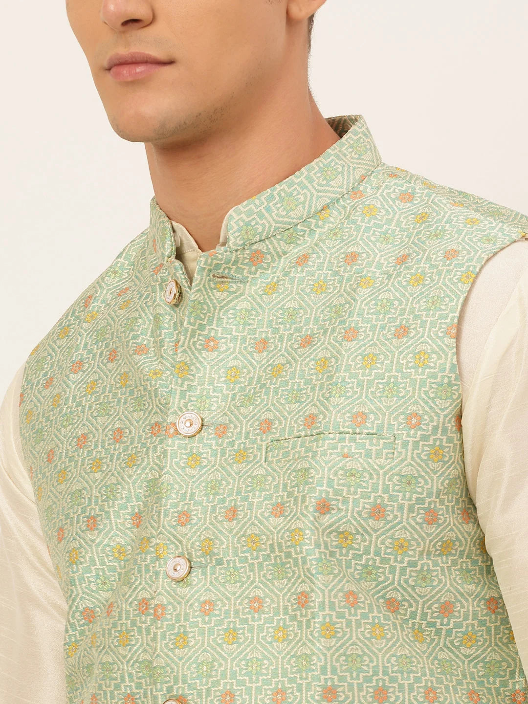 Green Men's Kurta Pajama Set with Nehru Jacket | Cotton