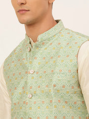 Men's Solid Kurta Pyjama With Nehru Jacket ( JOKPWC W-D 4047Green )-JOKPWC-W-D-4047