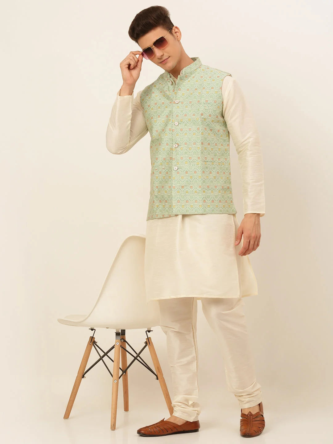 Green Men's Kurta Pajama Set with Nehru Jacket | Cotton