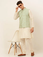 Men's Solid Kurta Pyjama With Nehru Jacket ( JOKPWC W-D 4047Green )-JOKPWC-W-D-4047