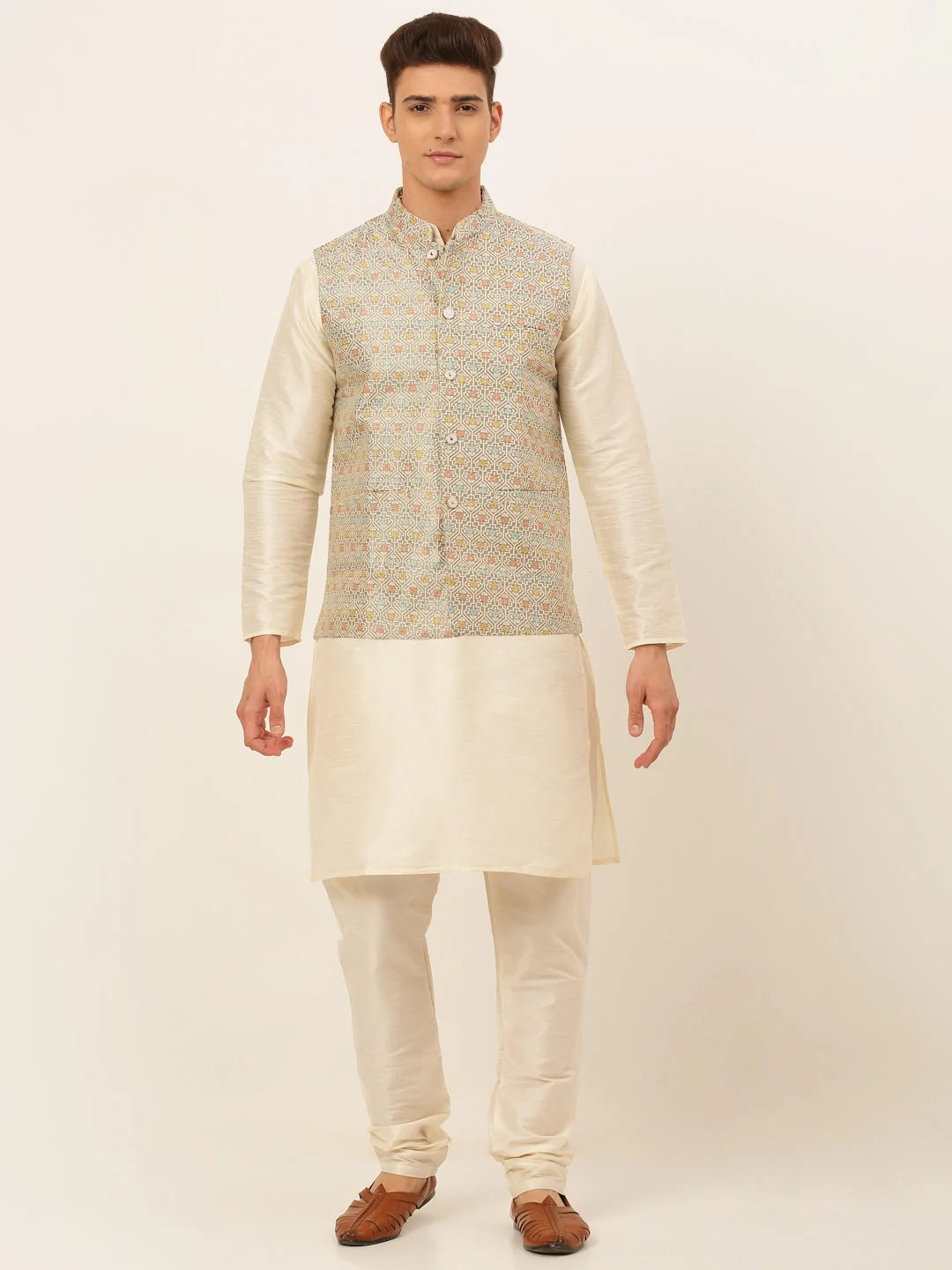 Grey Men's Kurta Pajama Set with Nehru Jacket | Cotton