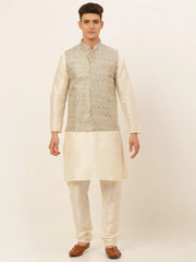 Men's Solid Kurta Pyjama With Nehru Jacket ( JOKPWC W-D 4047Grey )-JOKPWC-W-D-4047