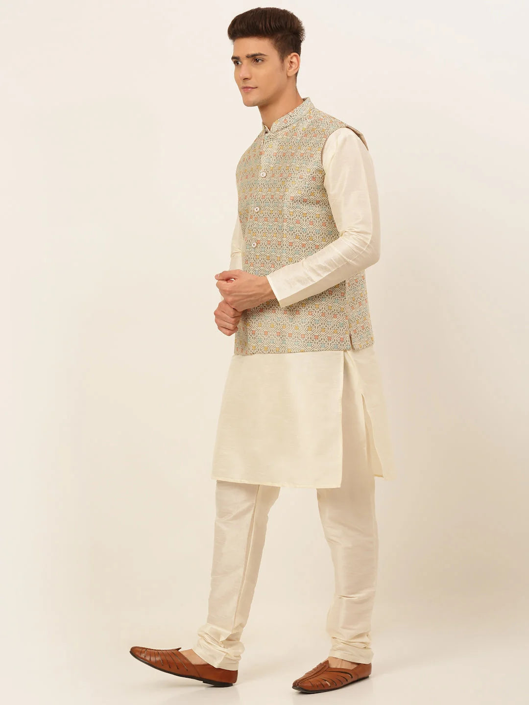 Grey Men's Kurta Pajama Set with Nehru Jacket | Cotton