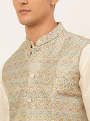 Men's Solid Kurta Pyjama With Nehru Jacket ( JOKPWC W-D 4047Grey )-JOKPWC-W-D-4047