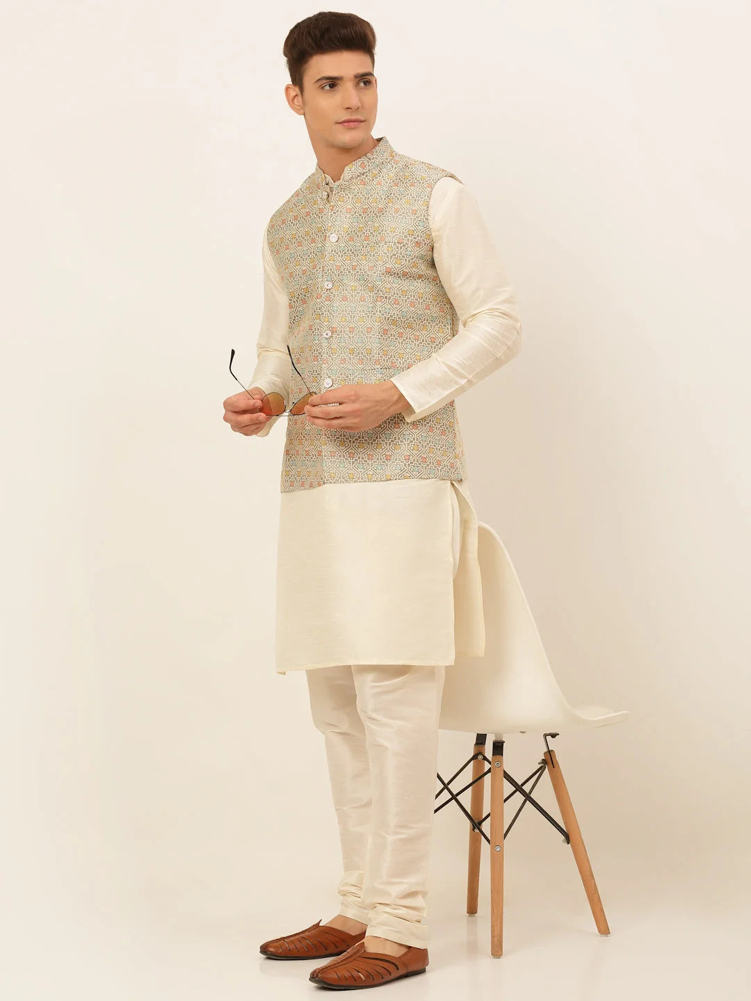 Grey Men's Kurta Pajama Set with Nehru Jacket | Cotton