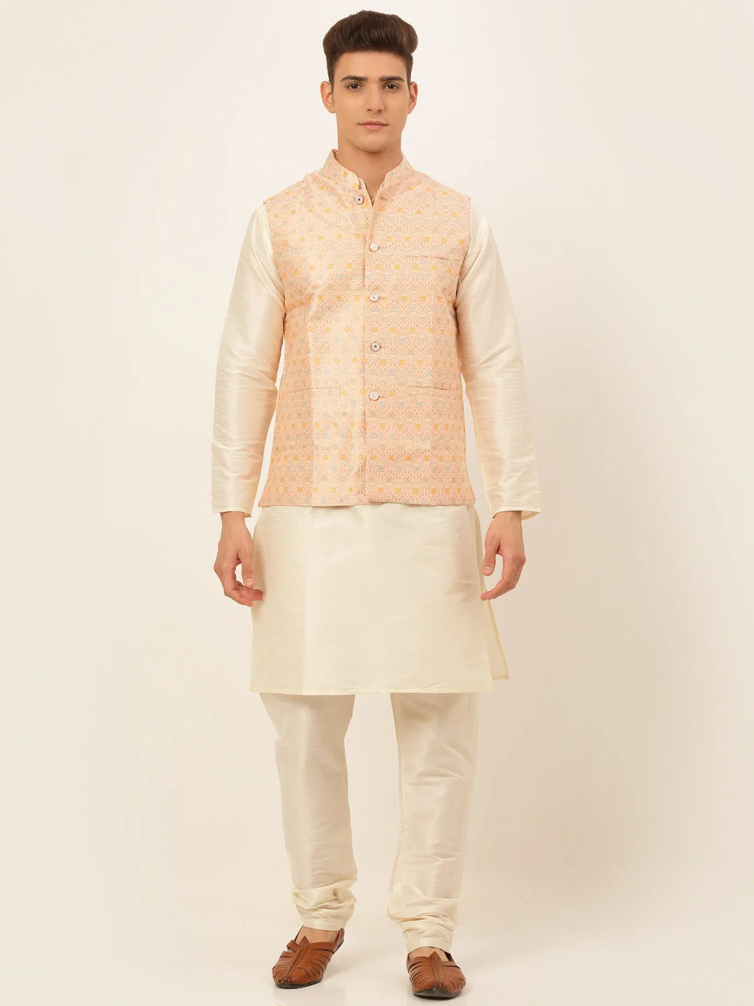 Pink Men's Kurta Pajama Set with Nehru Jacket | Cotton