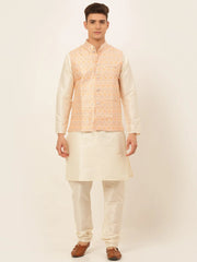 Men's Solid Kurta Pyjama With Nehru Jacket ( JOKPWC W-D 4047Pink )-JOKPWC-W-D-4047