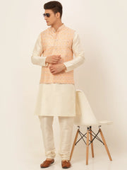 Men's Solid Kurta Pyjama With Nehru Jacket ( JOKPWC W-D 4047Pink )-JOKPWC-W-D-4047
