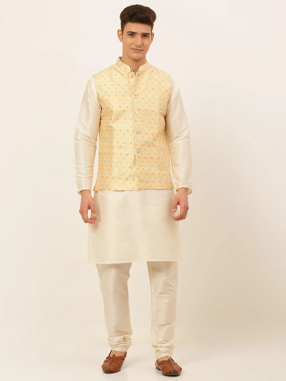 Yellow Men's Kurta Pajama Set with Nehru Jacket | Cotton
