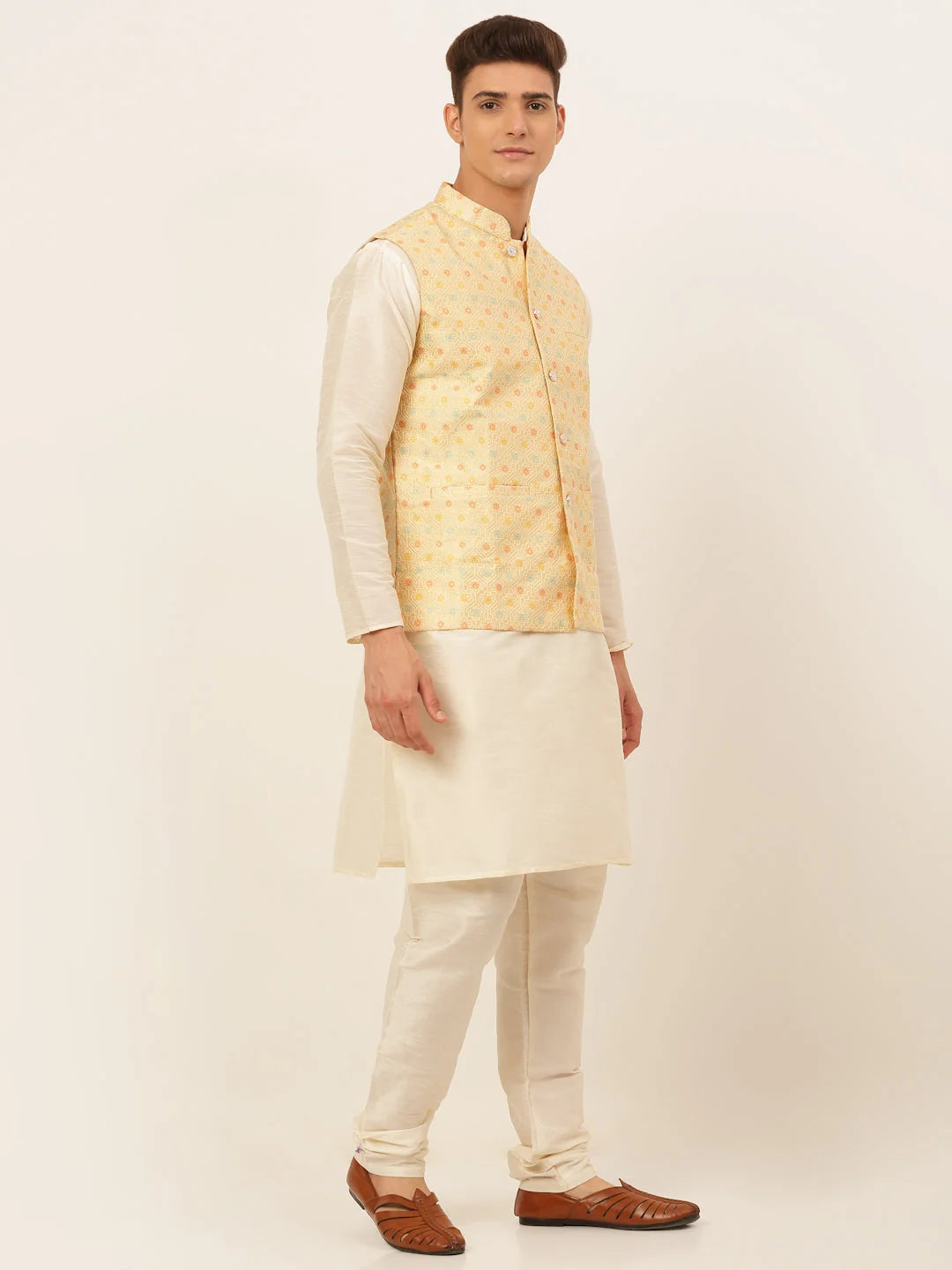 Yellow Men's Kurta Pajama Set with Nehru Jacket | Cotton