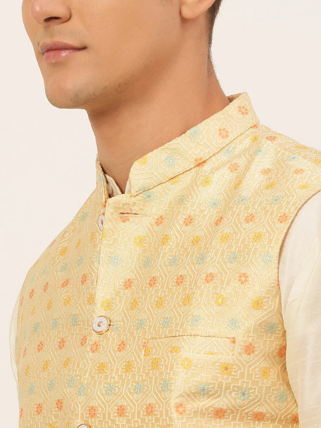 Yellow Men's Kurta Pajama Set with Nehru Jacket | Cotton