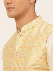 Men's Solid Kurta Pyjama With Nehru Jacket ( JOKPWC W-D 4047Yellow )-JOKPWC-W-D-4047