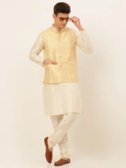 Men's Solid Kurta Pyjama With Nehru Jacket ( JOKPWC W-D 4047Yellow )-JOKPWC-W-D-4047