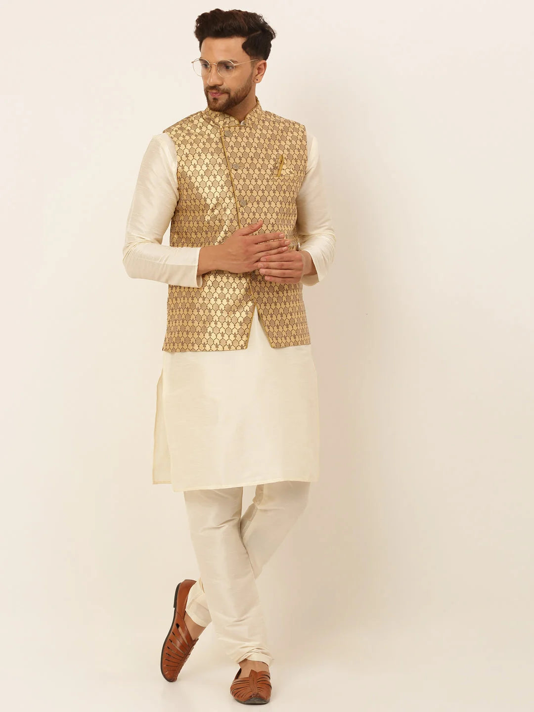 Golden Mens Kurta Pajama with Nehru Jacket | Cotton Fabric