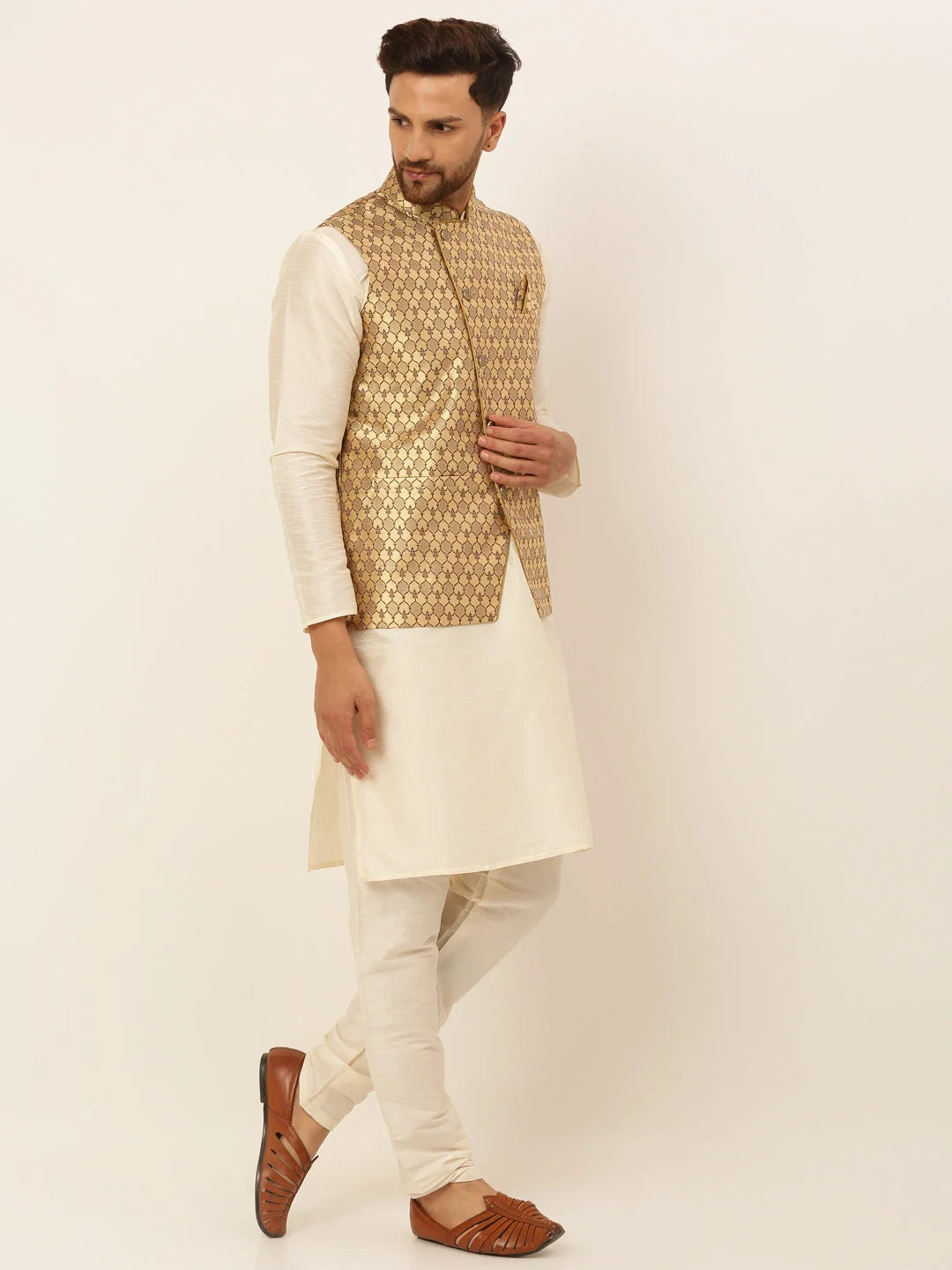 Golden Mens Kurta Pajama with Nehru Jacket | Cotton Fabric