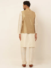 Men's Solid Kurta Pyjama With Nehru Jacket ( JOKPWC W-D 4048Golden )-JOKPWC-W-D-4048