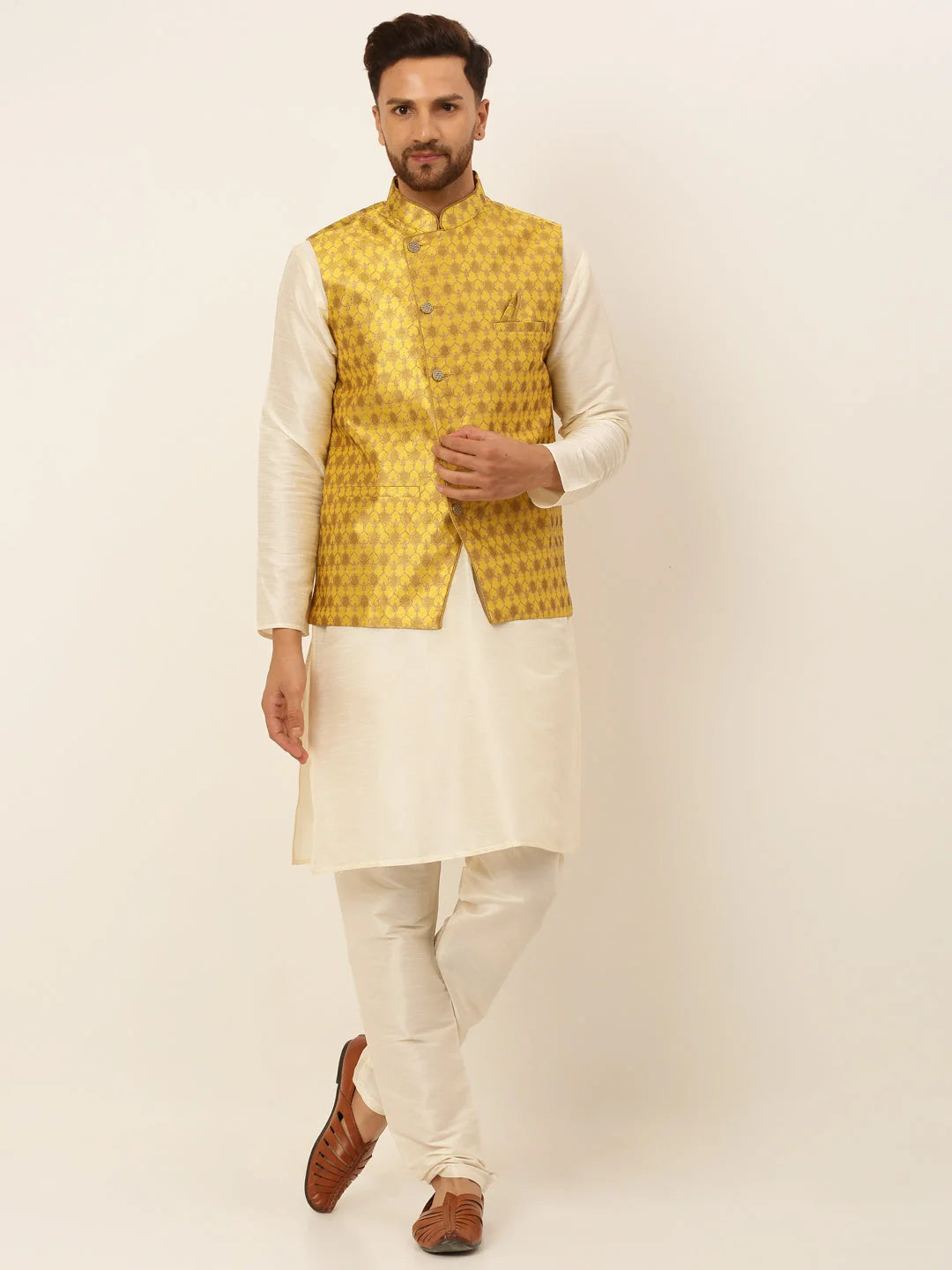 Mustard Mens Kurta Pajama Set with Nehru Jacket | Cotton