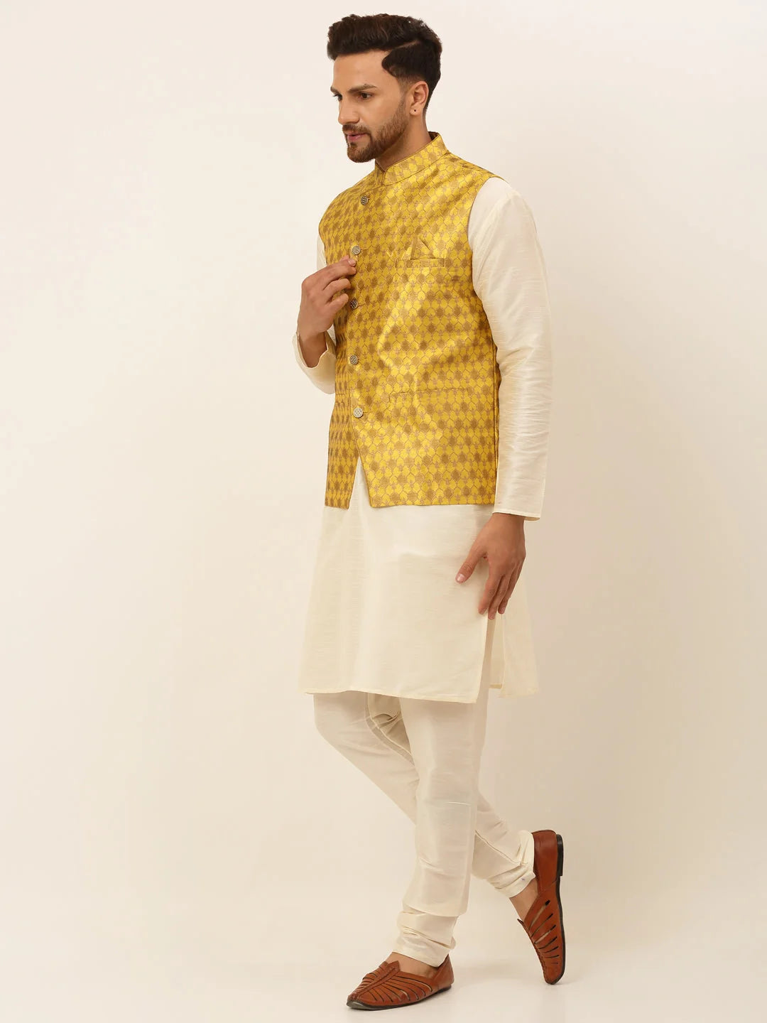 Mustard Mens Kurta Pajama Set with Nehru Jacket | Cotton