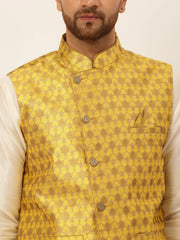 Men's Solid Kurta Pyjama With Nehru Jacket ( JOKPWC W-D 4048Mustard )-JOKPWC-W-D-4048