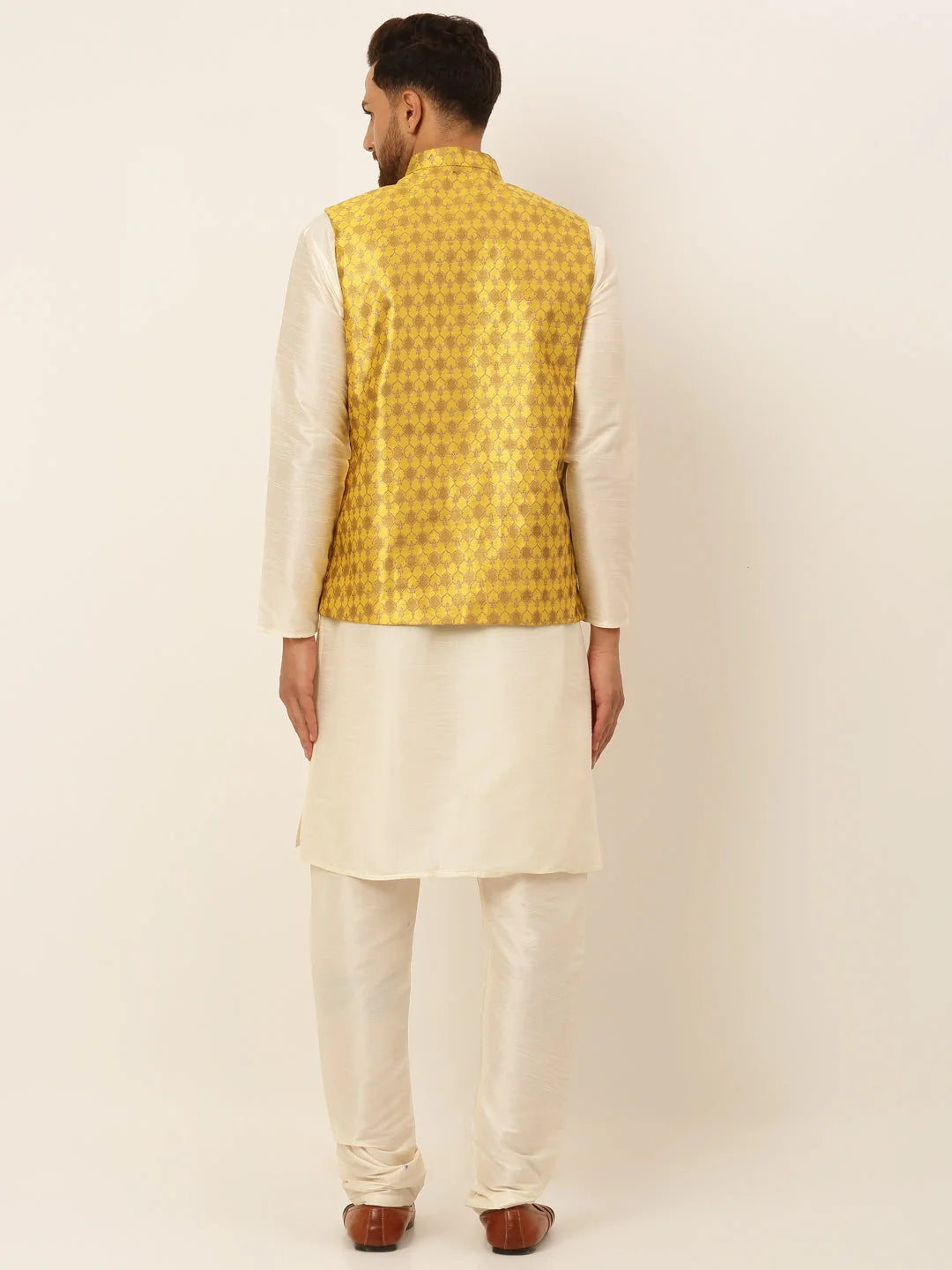 Mustard Mens Kurta Pajama Set with Nehru Jacket | Cotton