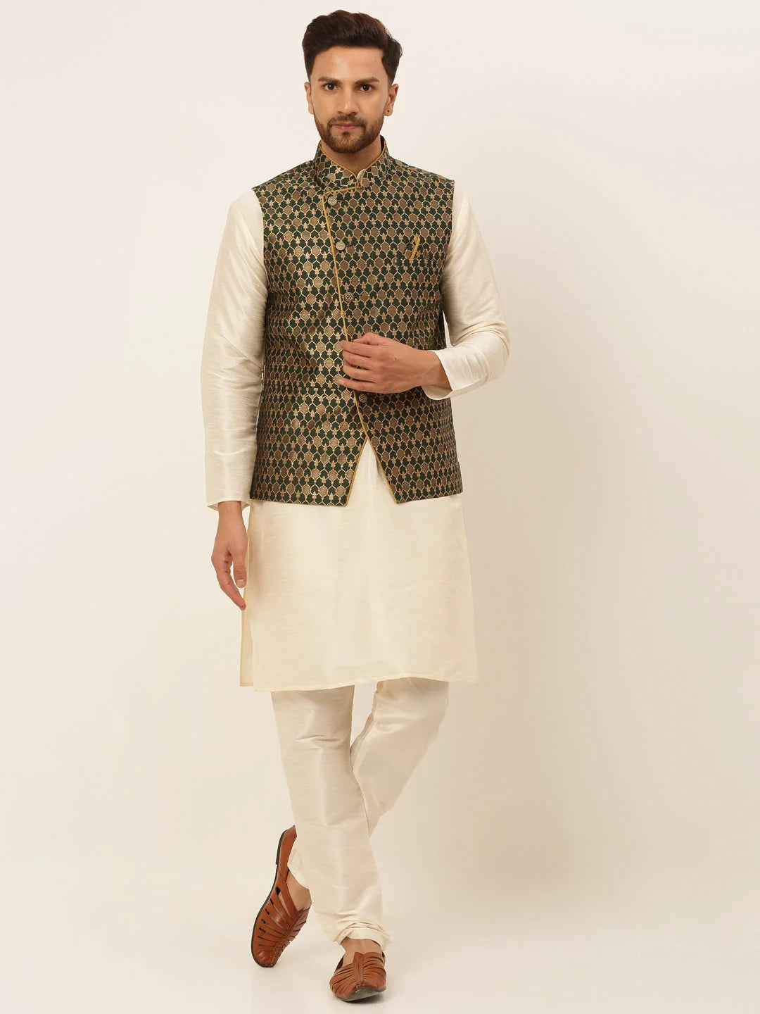 Olive Cotton Mens Kurta Pajama Set with Nehru Jacket