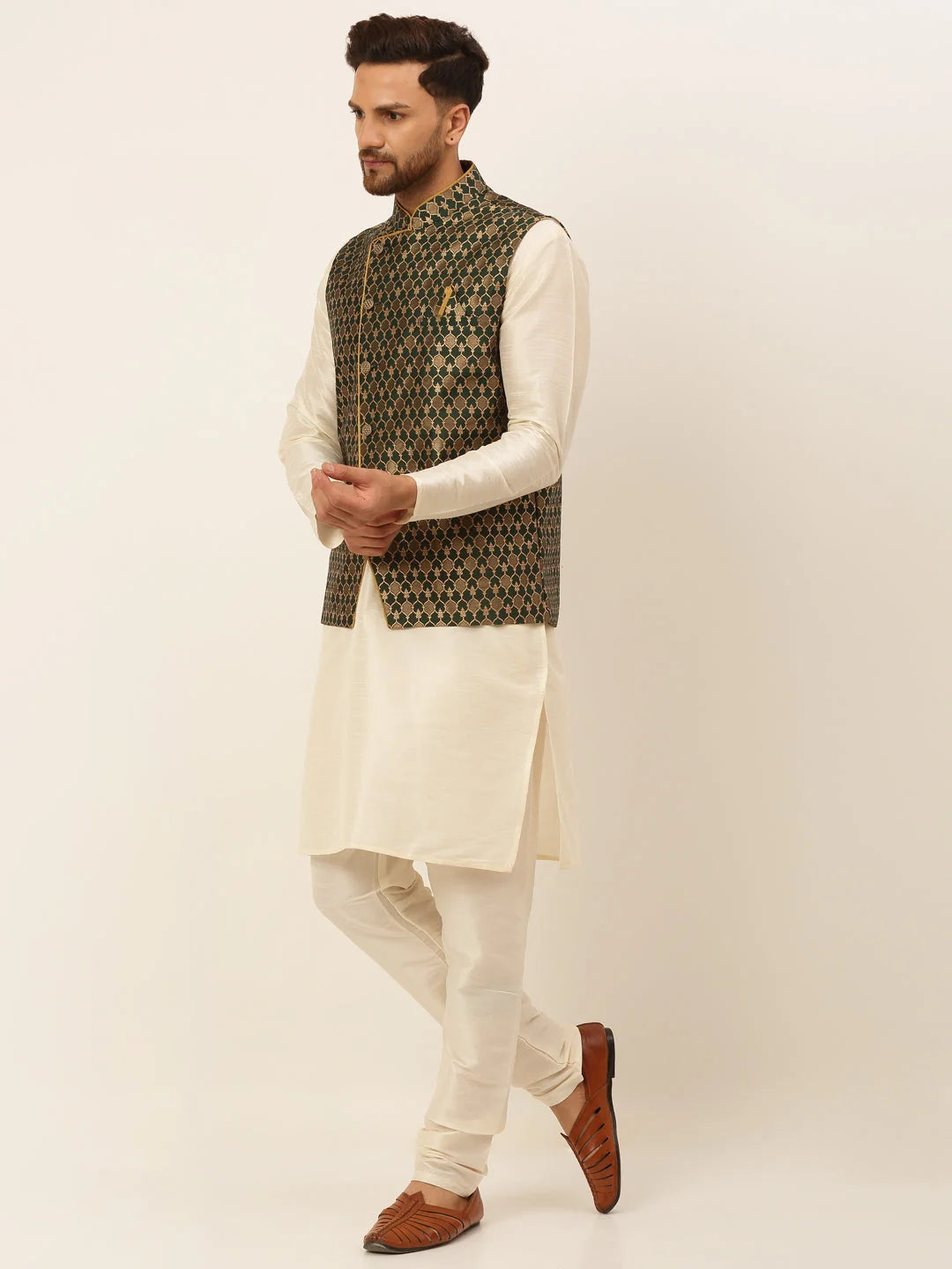 Olive Cotton Mens Kurta Pajama Set with Nehru Jacket
