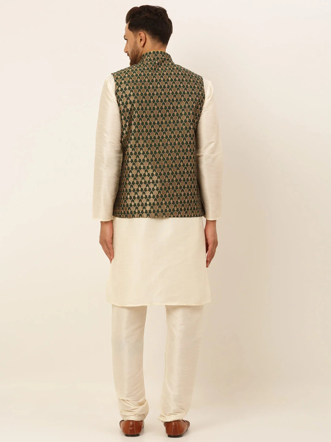 Olive Cotton Mens Kurta Pajama Set with Nehru Jacket