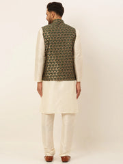 Men's Solid Kurta Pyjama With Nehru Jacket ( JOKPWC W-D 4048Olive )-JOKPWC-W-D-4048