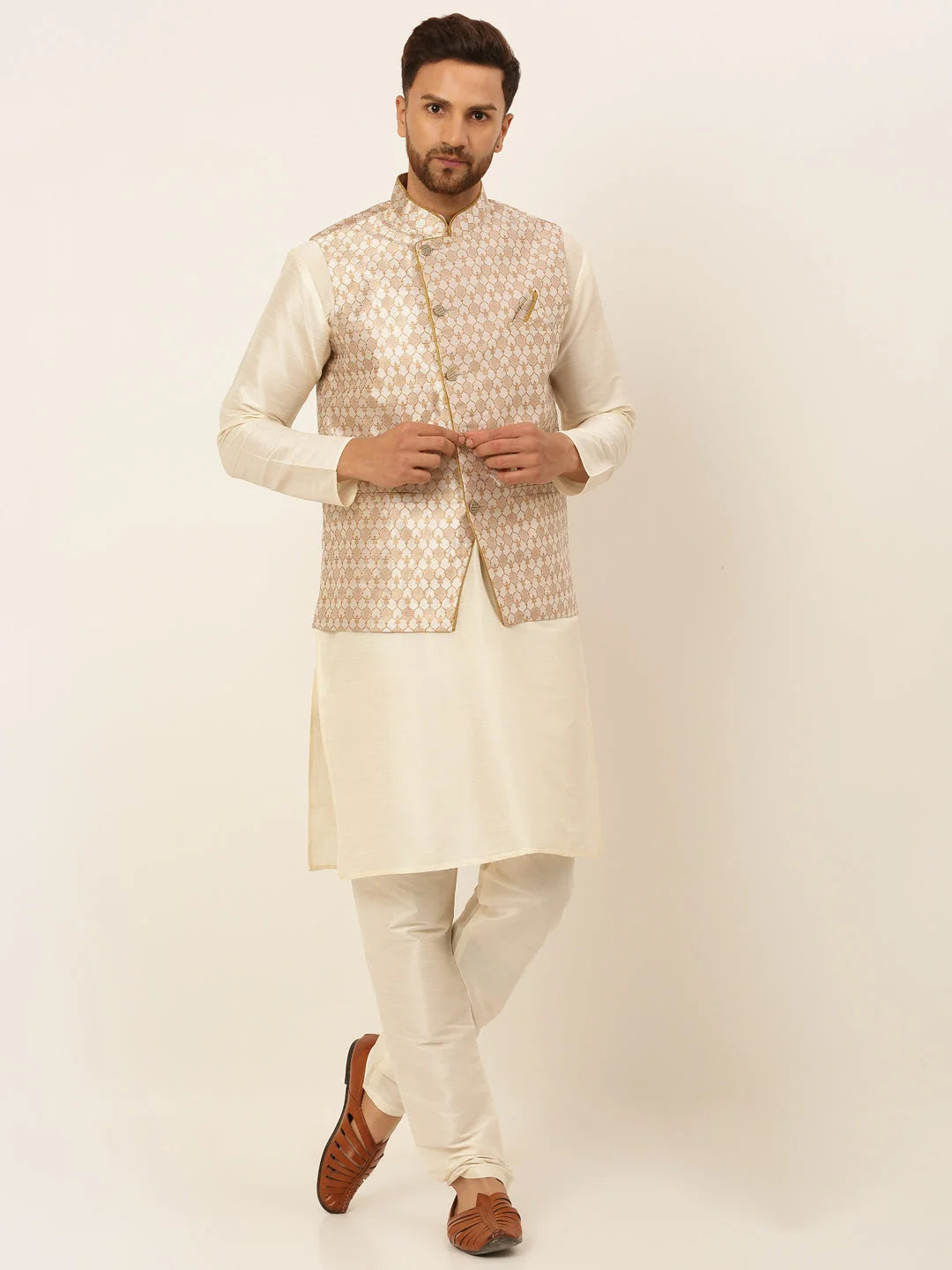Silver Cotton Mens Kurta Pajama Set with Nehru Jacket