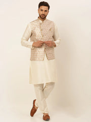 Men's Solid Kurta Pyjama With Nehru Jacket ( JOKPWC W-D 4048Silver )-JOKPWC-W-D-4048