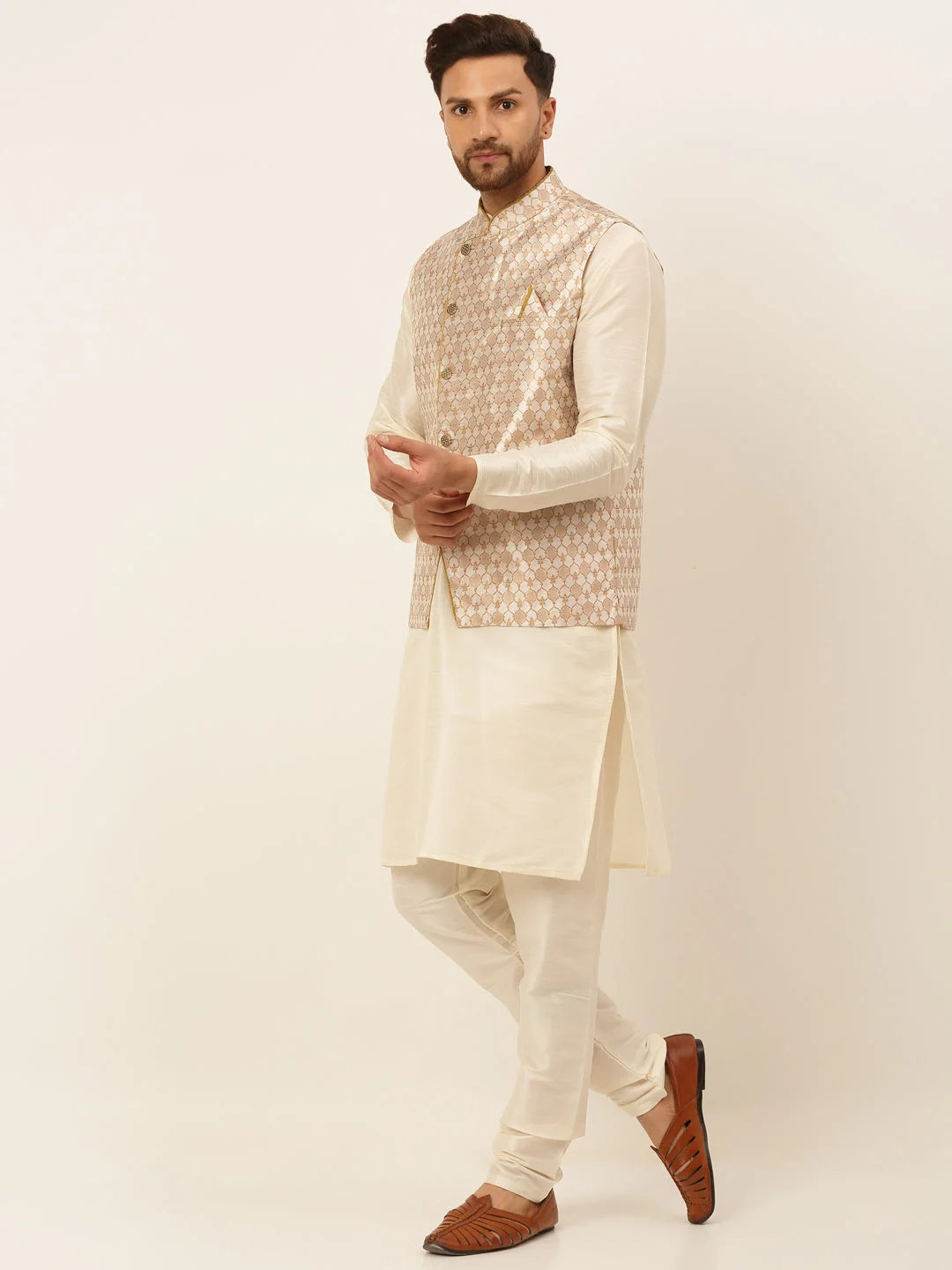 Silver Cotton Mens Kurta Pajama Set with Nehru Jacket