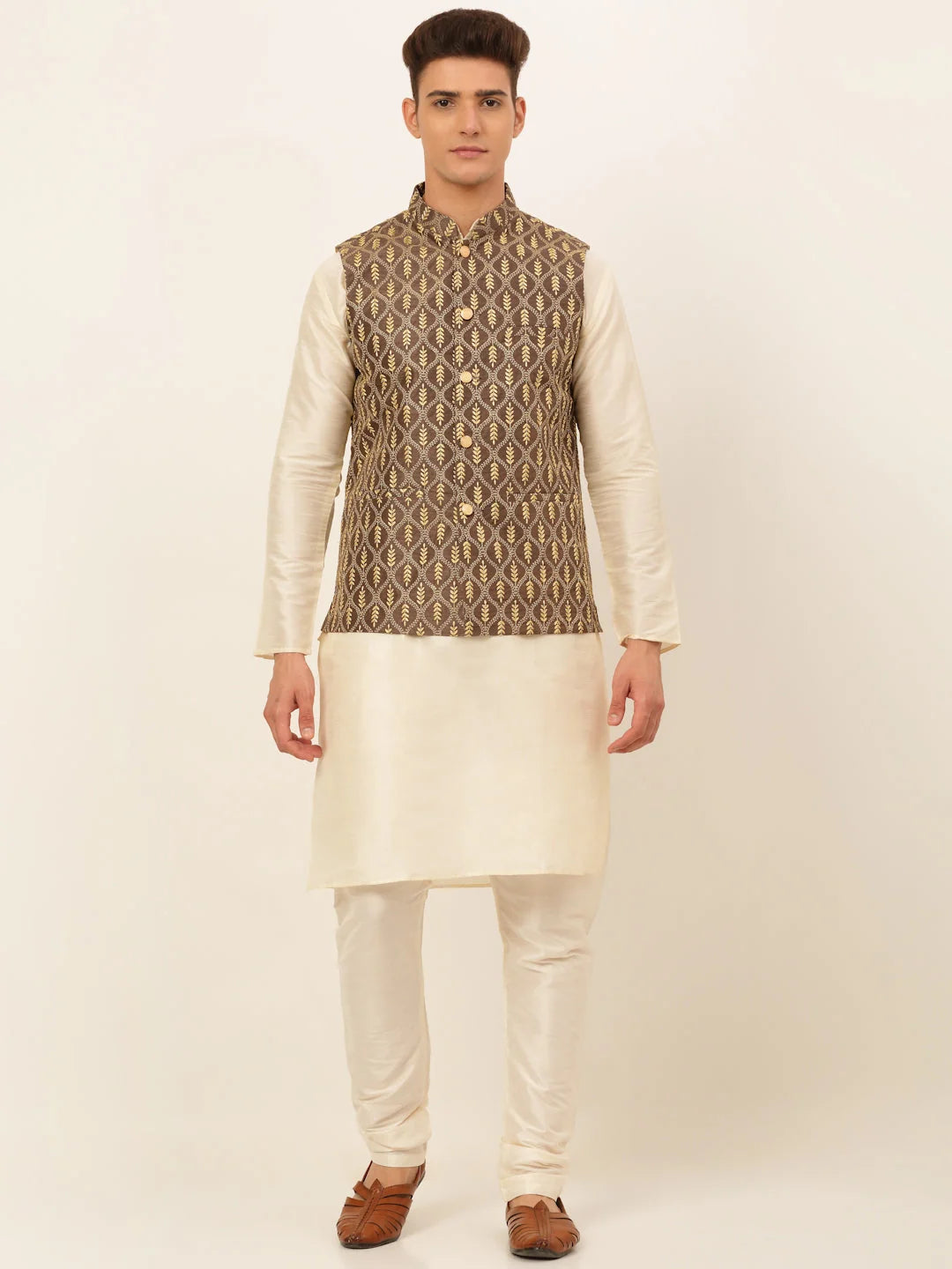 Men's Solid Kurta Pyjama With Nehru Jacket ( JOKPWC W-D 4049Brown )-JOKPWC-W-D-4049