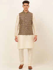 Men's Solid Kurta Pyjama With Nehru Jacket ( JOKPWC W-D 4049Brown )-JOKPWC-W-D-4049